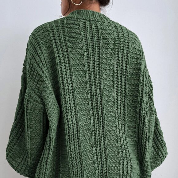 Green Casual Womens Solid Button Front Cable Knit Cardigan - Picture 2 of 5